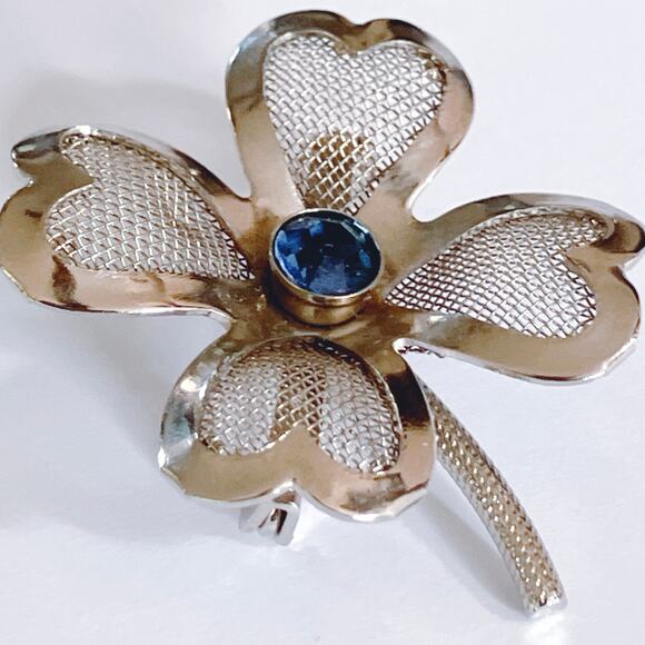 VTG Mid Century Brooch Mesh Clover Blue Rhinestone Silver Tone Pin - Picture 6 of 9